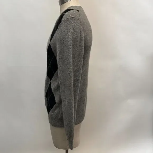 Northern Isles Sweater Medium Gray Argyle Diamond 100% 2 Ply Cashmere V-Neck